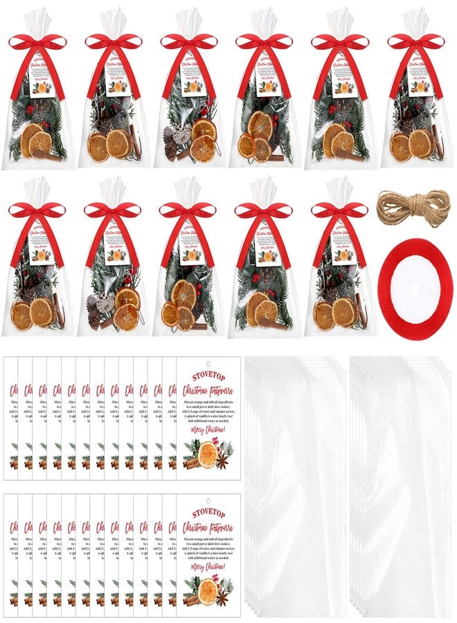 Tinlade 100 Set 202 Pcs Christmas Potpourri Gift Bag Bulk with Tag Red Ribbon Rope Clear Plastic Simmer Bags Cellophane Stovetop Holiday DIY Simmer Instruction Present Kit for Party Favor Gift - Image 1